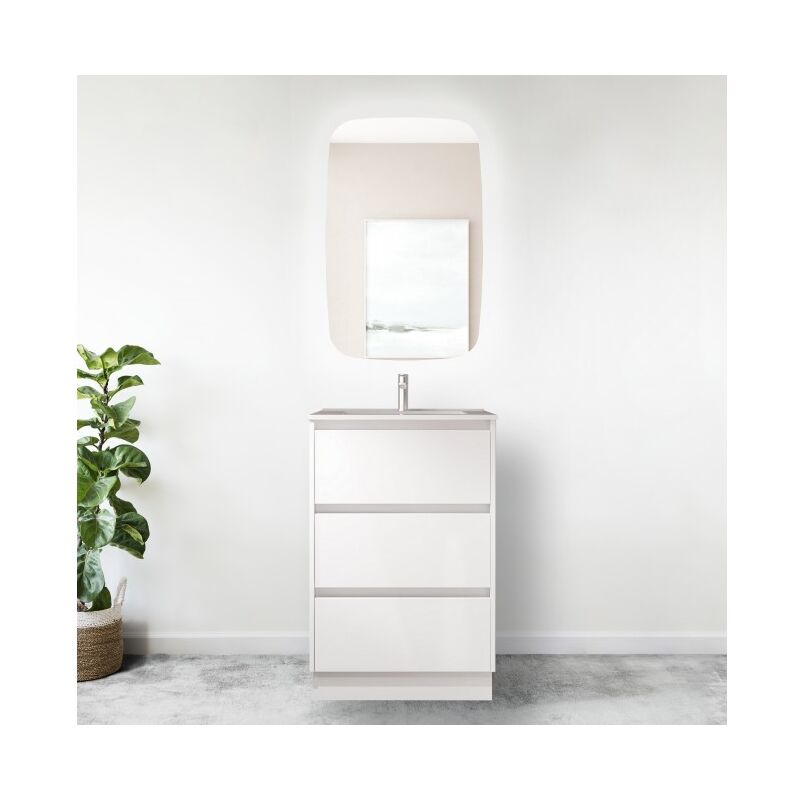 Abitare - Meuble de salle de bain sur pied 60 cm en bois blanc brillant avec vasque en porcelaine - Nova - Standard