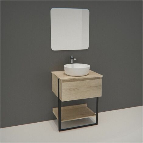 MOB-IN 60 cm Bois et Métal + Vasque Ronde Blanche + Miroir - NINA