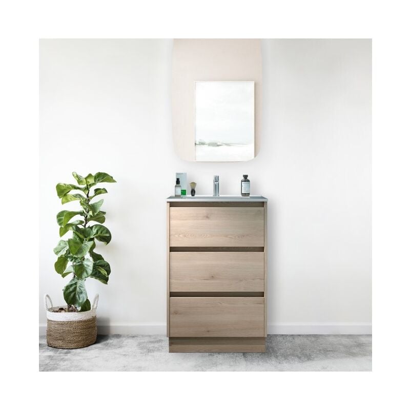 Abitare - Meuble de salle de bain sur pied 60 cm en bois naturel avec vasque en porcelaine - Nova - Standard