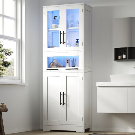 Meuble de salle de bain 60×30×170cm autoportant,LED connectée,portes vitrées et étagères réglables. Style nordique minimaliste blanc.