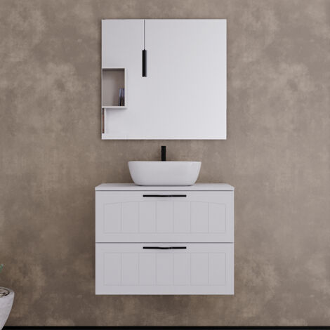 Meuble de salle de bain 60cm avec plateau et vasque à poser ovale - 2 tiroirs - blanc - PIA