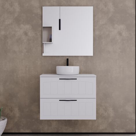 Meuble de salle de bain 60cm avec plateau et vasque à poser ronde - 2 tiroirs - blanc - PIA
