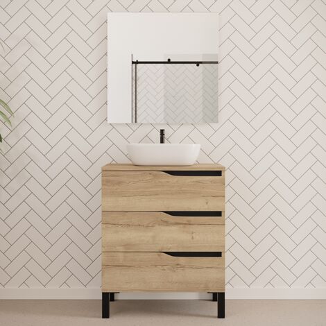 Meuble de salle de bain 60cm avec plateau et vasque à poser zeus - 3 tiroirs - madera miel (chêne clair) - MATA
