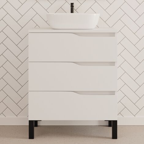 Meuble de salle de bain 60cm avec plateau et vasque à poser zeus - 3 tiroirs - sans miroir - blanc - MATA