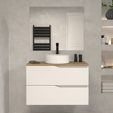 Meuble de salle de bain 60cm avec plateau miel et vasque à poser - 2 tiroirs - blanc - LUNA