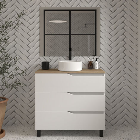 Meuble de salle de bain 60cm avec plateau miel et vasque à poser - 3 tiroirs - blanc - MATA
