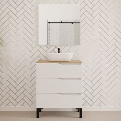 Meuble de salle de bain 60cm avec plateau miel et vasque à poser zeus - 3 tiroirs - blanc - MATA