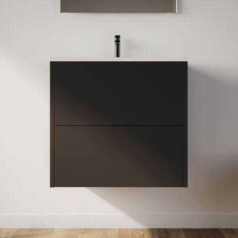 Meuble de salle de bain 60cm avec simple vasque - 2 tiroirs - sans miroir - noir - MONA