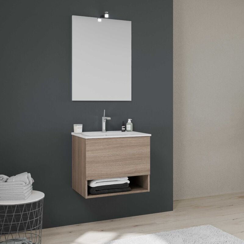Kiamami Valentina - Meuble De Salle De Bain 60Cm Avec Tiroir Et Compartiment Ouvert Aspect Bois Venezia