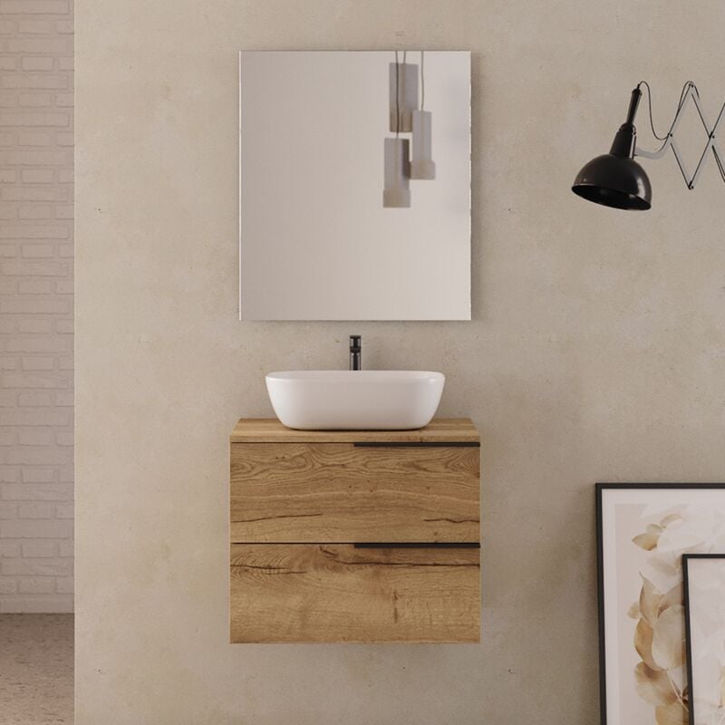 Cosyneo - Meuble de salle de bain 60cm avec vasque à poser arrondie - 2 tiroirs - roble (chêne clair) - king