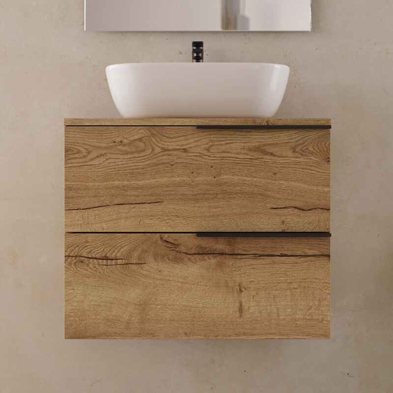 Meuble de salle de bain 60cm avec vasque à poser arrondie - 2 tiroirs - sans miroir - roble (chêne clair) - king