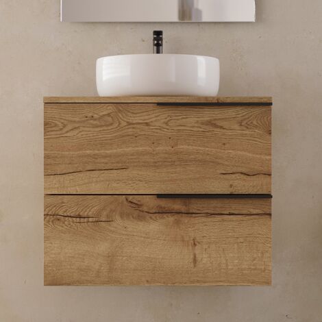Meuble de salle de bain 60cm avec vasque à poser ronde - 2 tiroirs - sans miroir - roble (chêne clair) - KING