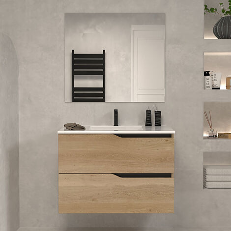 Meuble de salle de bain 60cm simple vasque - 2 tiroirs - madera miel (bois clair) - LUNA