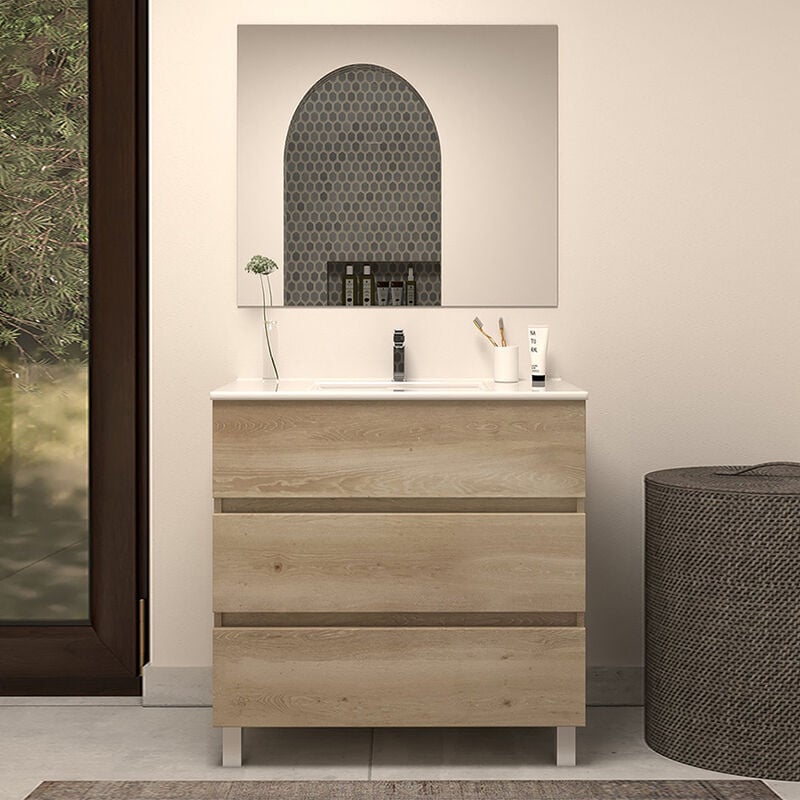 Cosyneo - Meuble de salle de bain 60cm simple vasque - 3 tiroirs - nebraska (bois clair) - mayor