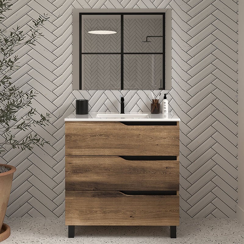 Cosyneo - Meuble de salle de bain 60cm simple vasque - 3 tiroirs - tabaco (bois foncé) - mata