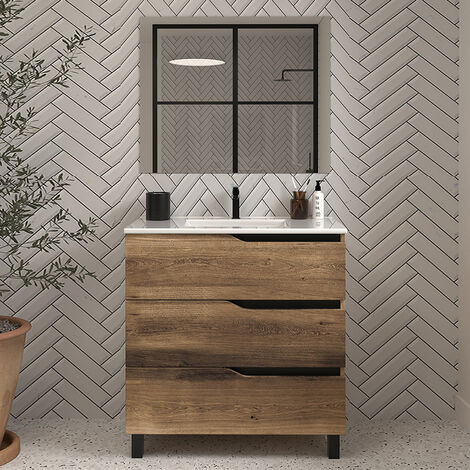 Meuble de salle de bain 60cm simple vasque - 3 tiroirs - tabaco (bois foncé) - MATA