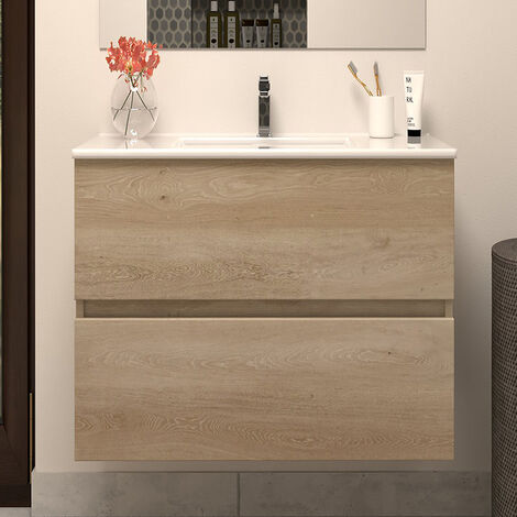 Meuble de salle de bain 60cm simple vasque - sans miroir - 2 tiroirs - nebraska (bois clair) - IDA