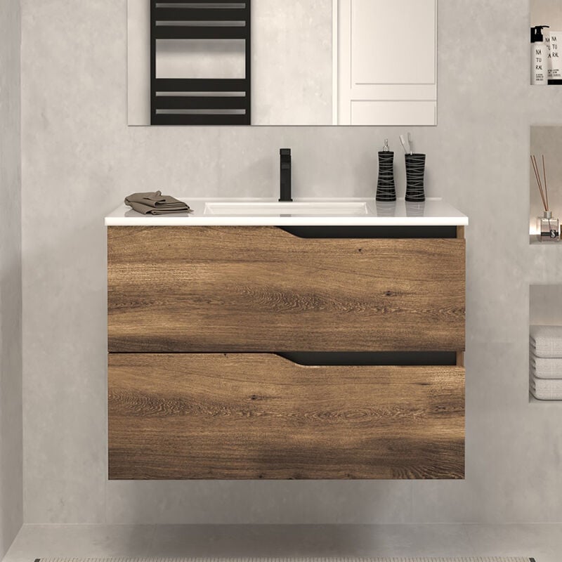 Meuble de salle de bain 60cm simple vasque - sans miroir - 2 tiroirs - tabaco (bois foncé) - LUNA