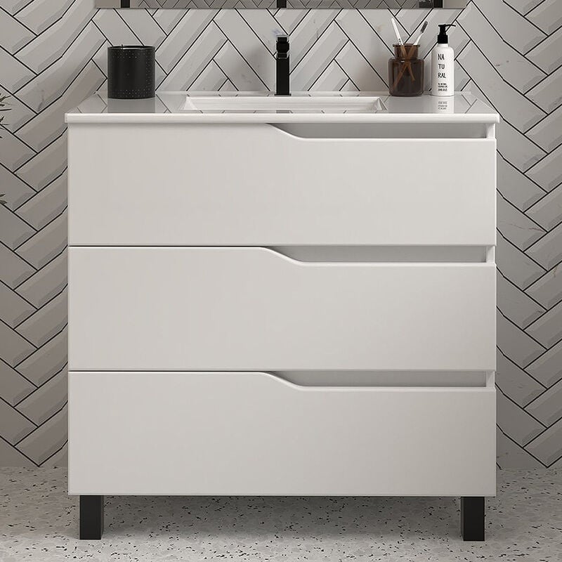 Meuble de salle de bain 60cm simple vasque - sans miroir - 3 tiroirs - blanc - mata