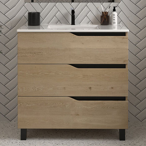 Meuble de salle de bain 60cm simple vasque - sans miroir - 3 tiroirs - madera miel (bois clair) - MATA