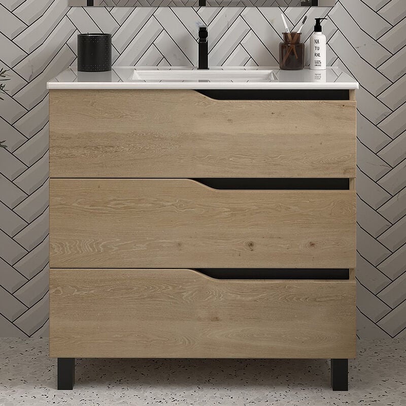 Meuble de salle de bain 60cm simple vasque - sans miroir - 3 tiroirs - madera miel (bois clair) - mata