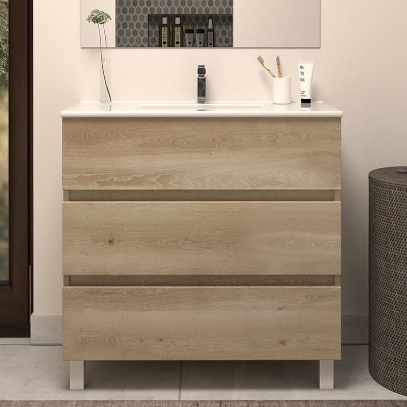 Meuble de salle de bain 60cm simple vasque - sans miroir - 3 tiroirs - nebraska (bois clair) - MAYOR