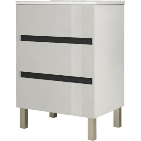 Meuble de salle de bain 60cm STAY THREE EDGE blanc brillant - Vasque en céramique