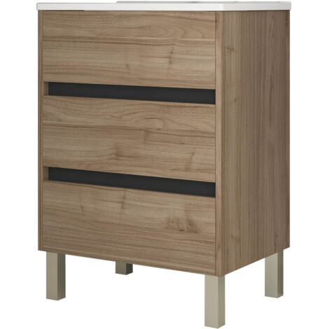 Meuble de salle de bain 60cm STAY THREE EDGE bois clair - Vasque en céramique