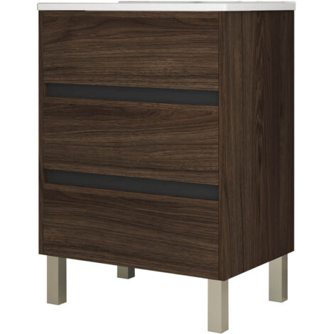 Meuble de salle de bain 60cm STAY THREE EDGE bois foncé - Vasque en céramique