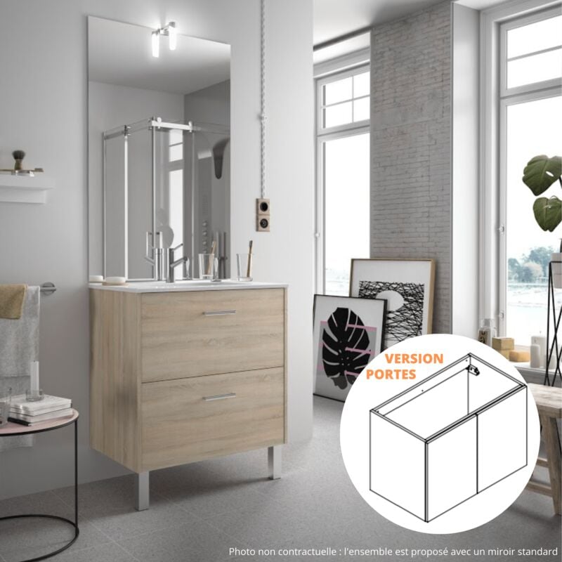 Salgar - Meuble de salle de bain 70 cm Couleur Chêne Calédonie Option Avec kit de pieds Rangements 2 portes