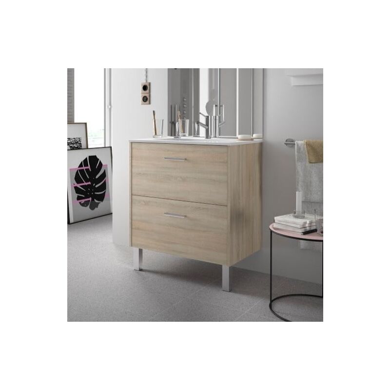 Salgar - Meuble de salle de bain 70 cm Couleur Chêne Calédonie Option Avec kit de pieds Rangements 2 tiroirs