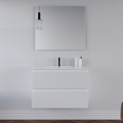 Meuble de salle de bain 70cm avec plan simple vasque - 2 tiroirs - blanc - RIBERA