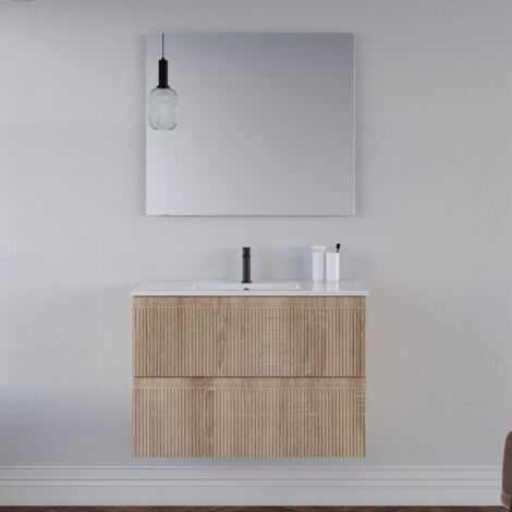 Meuble de salle de bain 70cm avec plan simple vasque - 2 tiroirs - cambrian (chêne clair) - RIBERA
