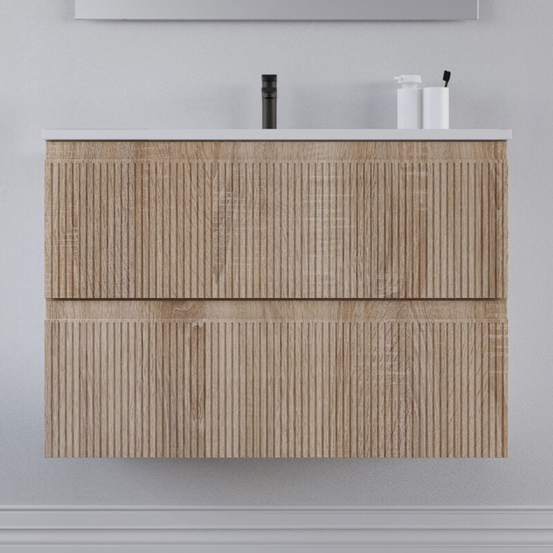 Cosyneo - Meuble de salle de bain 70cm avec plan simple vasque - sans miroir - 2 tiroirs - cambrian (chêne clair) - ribera