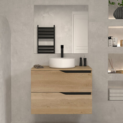 Meuble de salle de bain 70cm avec plateau et vasque à poser - 2 tiroirs - madera miel (bois clair) - LUNA