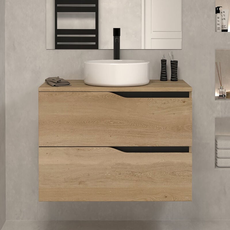 Meuble de salle de bain 70cm avec plateau et vasque à poser - 2 tiroirs - sans miroir - madera miel (bois clair) - luna