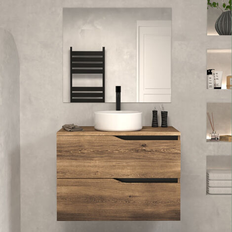 Meuble de salle de bain 70cm avec plateau et vasque à poser - 2 tiroirs - tabaco (bois foncé) - LUNA