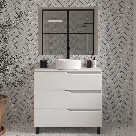 Meuble de salle de bain 70cm avec plateau et vasque à poser - 3 tiroirs - blanc - MATA