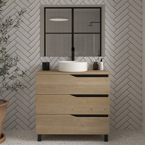 Meuble de salle de bain 70cm avec plateau et vasque à poser - 3 tiroirs - madera miel (bois clair) - MATA