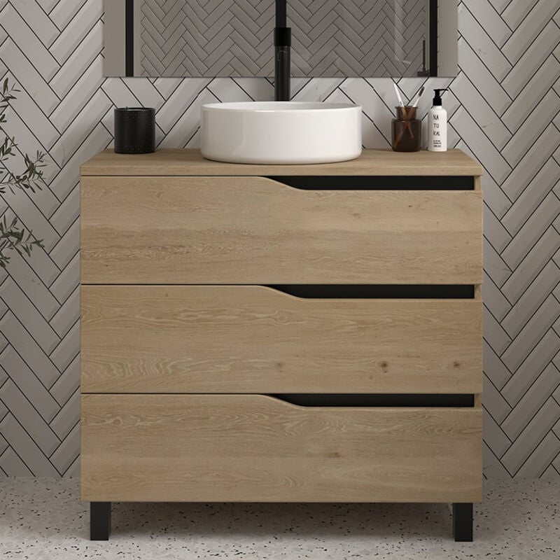 Cosyneo - Meuble de salle de bain 70cm avec plateau et vasque à poser - 3 tiroirs - sans miroir - madera miel (bois clair) - mata