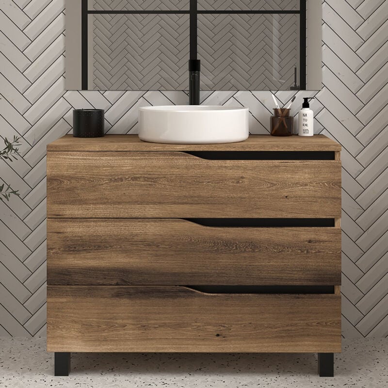 Cosyneo - Meuble de salle de bain 70cm avec plateau et vasque à poser - 3 tiroirs - sans miroir - tabaco (bois foncé) - mata
