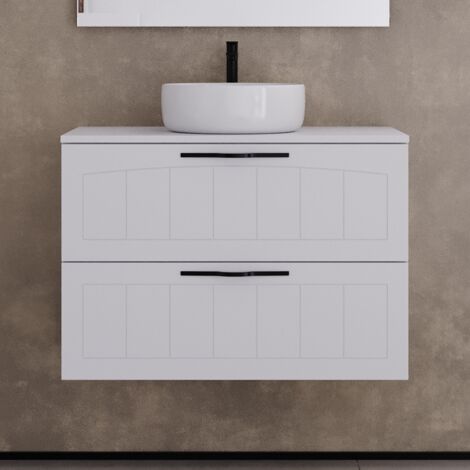 Meuble de salle de bain 70cm avec plateau et vasque à poser ronde - 2 tiroirs - sans miroir - blanc - PIA