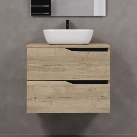 Meuble de salle de bain 70cm avec plateau et vasque à poser zeus - 2 tiroirs - sans miroir - madera miel (chêne clair) - LUNA