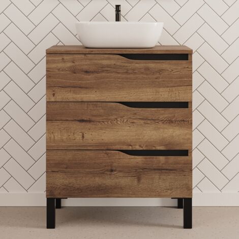 Meuble de salle de bain 70cm avec plateau et vasque à poser zeus - 3 tiroirs - sans miroir - tabaco (chêne foncé) - MATA