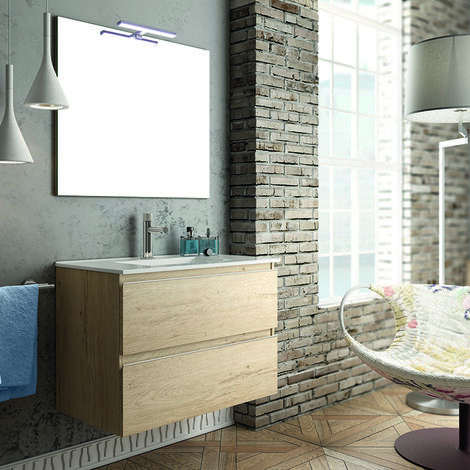 Meuble de salle de bain 70cm simple vasque - 2 tiroirs - bambou (chêne clair) - BALEA