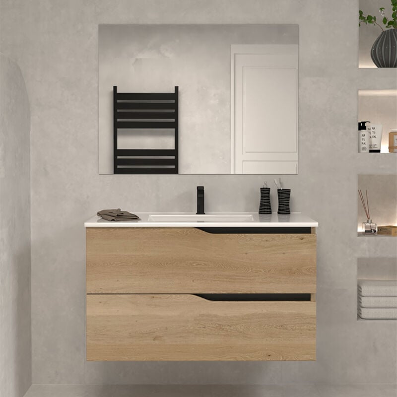 Cosyneo - Meuble de salle de bain 70cm simple vasque - 2 tiroirs - madera miel (bois clair) - luna