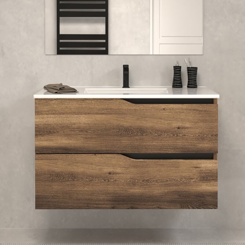 Cosyneo - Meuble de salle de bain 70cm simple vasque - 2 tiroirs - sans miroir - tabaco (bois foncé) - luna