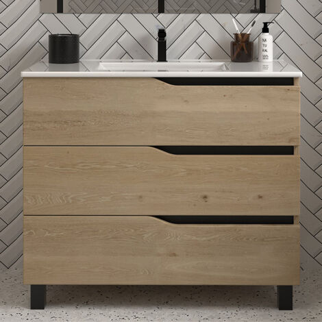Meuble de salle de bain 70cm simple vasque - 3 tiroirs - sans miroir - madera miel (bois clair) - MATA