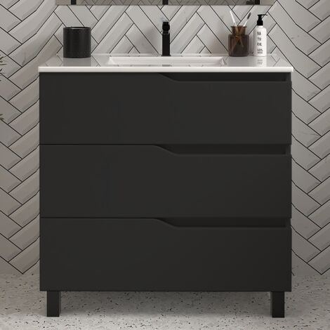 Meuble de salle de bain 70cm simple vasque - 3 tiroirs - sans miroir - noir - MATA