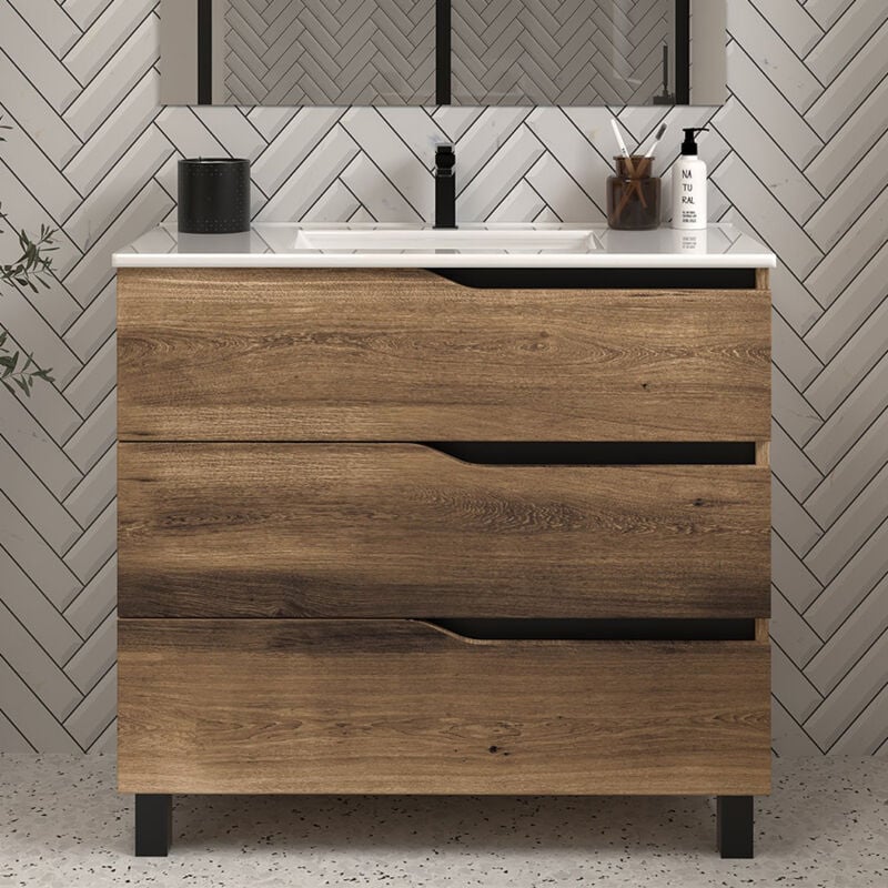 Cosyneo - Meuble de salle de bain 70cm simple vasque - 3 tiroirs - sans miroir - tabaco (bois foncé) - mata